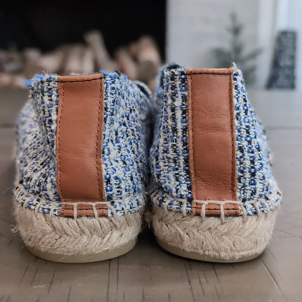 J. Mclaughlin Alexa Tweed and Leather Toe Espadrilles - Blue Cream Sz 9